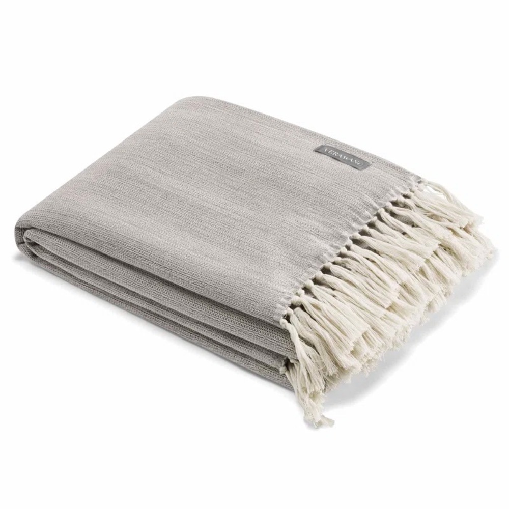 Vera Wang Gray and Cream Twill Fringe Cotton Throw